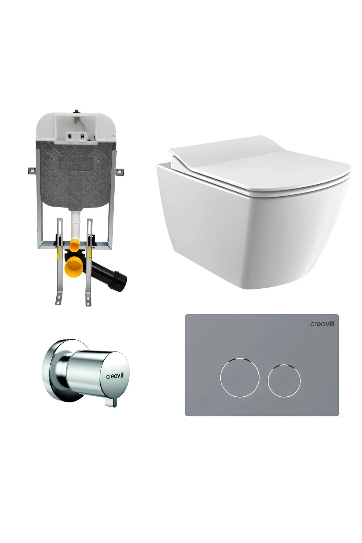 Elegant Beyaz Kanalsız Asma Klozet EG321, Duroplast Yavaş Kapak, Terra Gömme Rezervuar Set