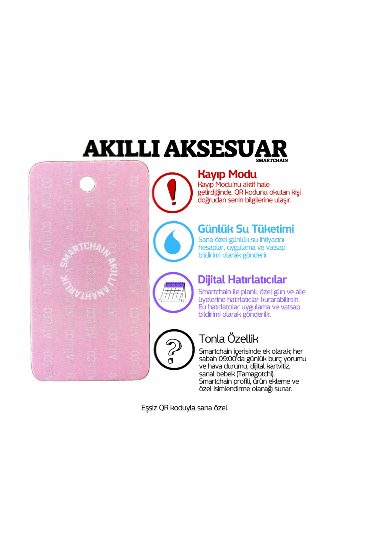 Smartchain Akıllı Anahtarlık Aksesuar Pembe Kaybolmaz Dijital Hatırlatıcı Kartvizit Kişiye Özel