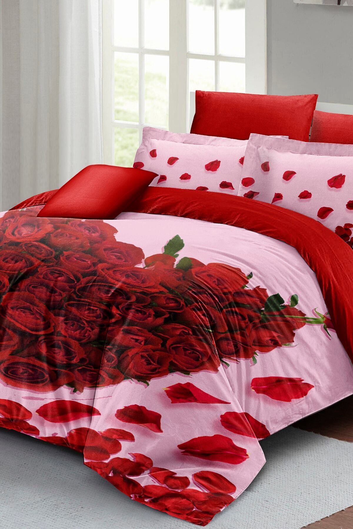 Kıng Sıze Sevgililer Günü Çift Kişilik Nevresim Takımı%100 Pamuk Saten Gül Aşkına 220x240cm