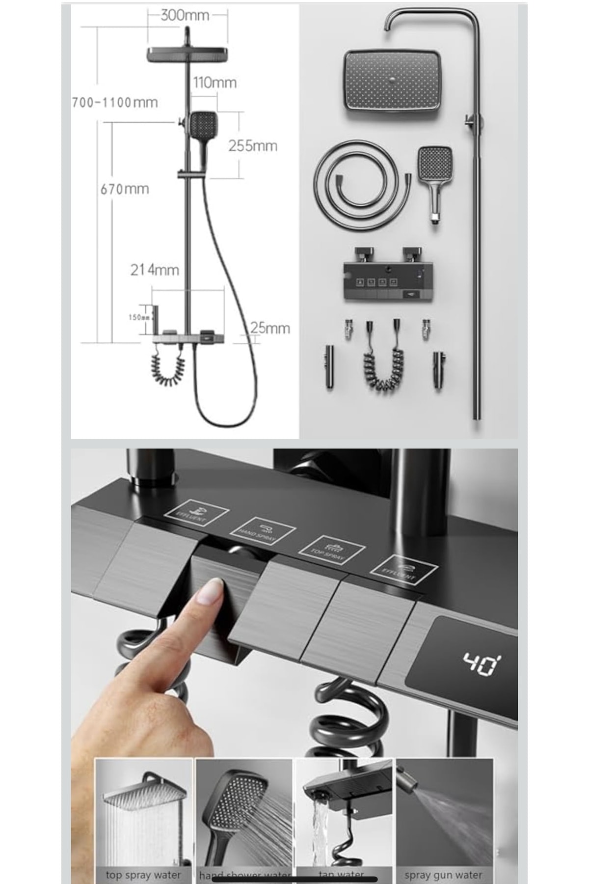 PREMİUM Dijital Göstergeli Piyano Tuşlu Termostatik Banyo Batarya Duş Sistemi (HAM MADDE SARI)