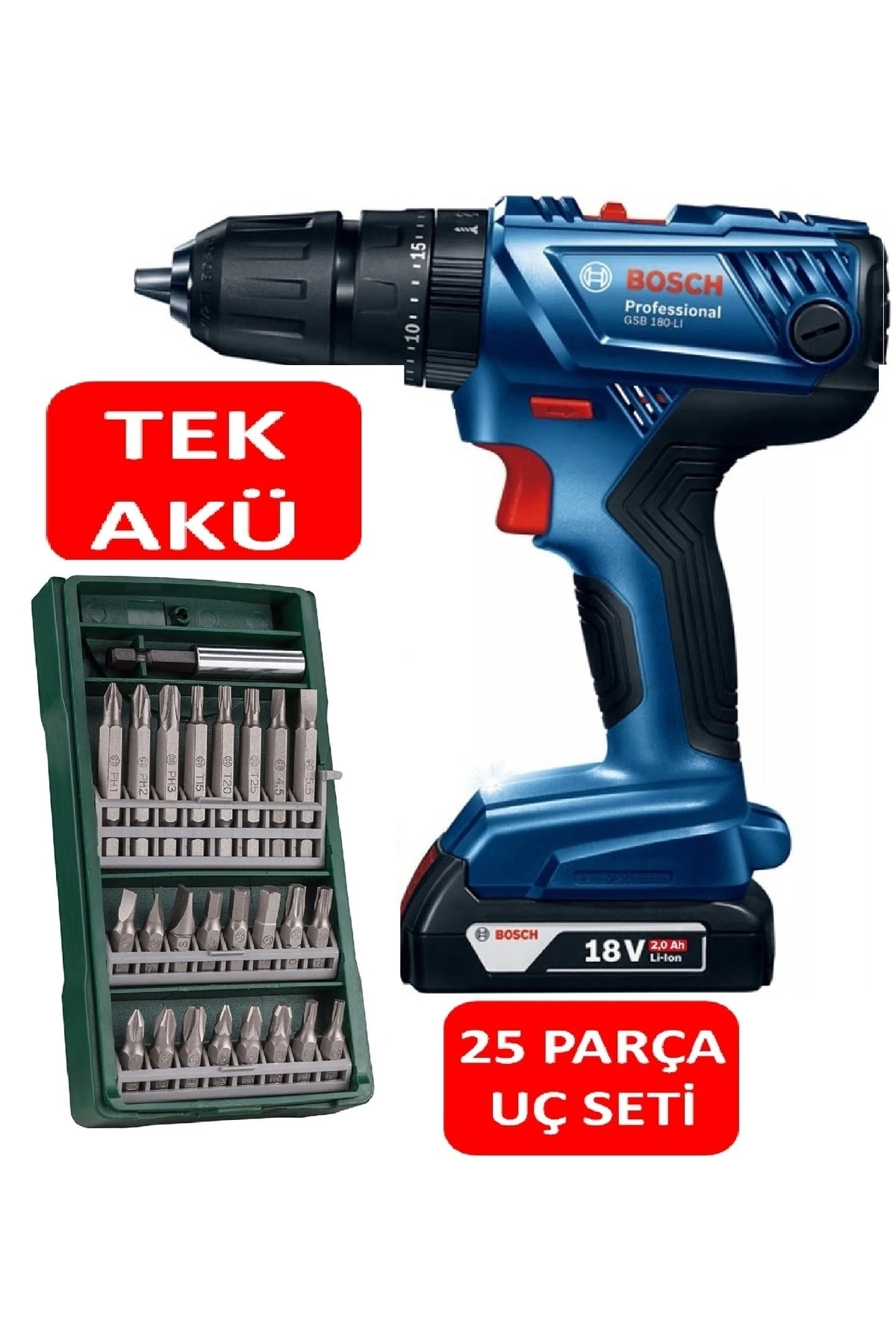 Tek Akülü Şarjlı Matkap Darbeli Matkap Akülü Vidalama 18V +  25 Parça Matkap Vidalama Ucu