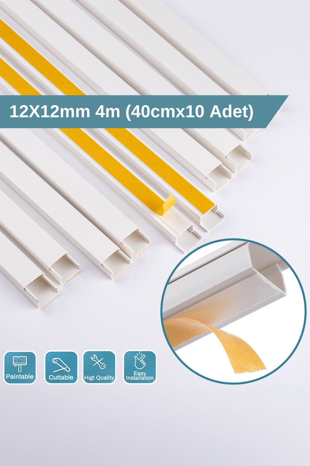 4 Metre (12X12MM) Kedinden Yapışkanlı Kablo Kanalı | 4m (10 Adet x 40CM) Kablo Gizleyici