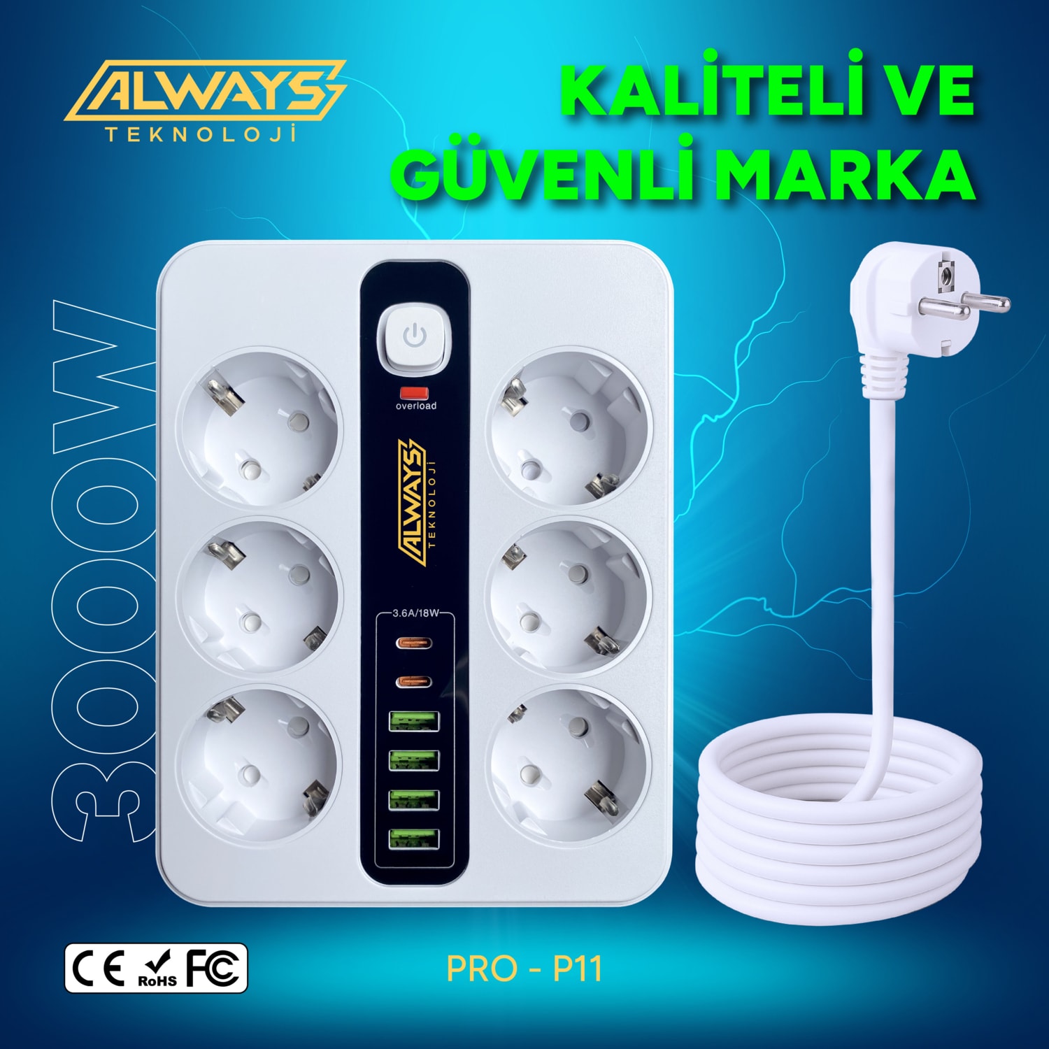 Akım Korumalı 6'lı Grup Priz 4 Usb'li ve 2 Type-C Li 6'lı Grup Priz 2 M Kablo Çocuk Korumalı