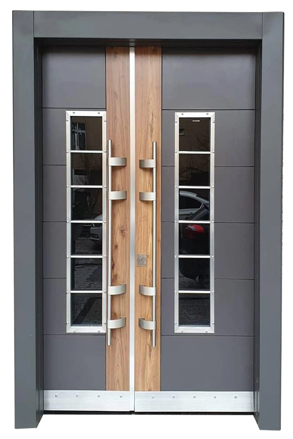 Çelik Kapı Modelleri Antrasit Rengi Bina Giriş Kapısı, Iki Renk ( Ahşap Desenli ) Sol