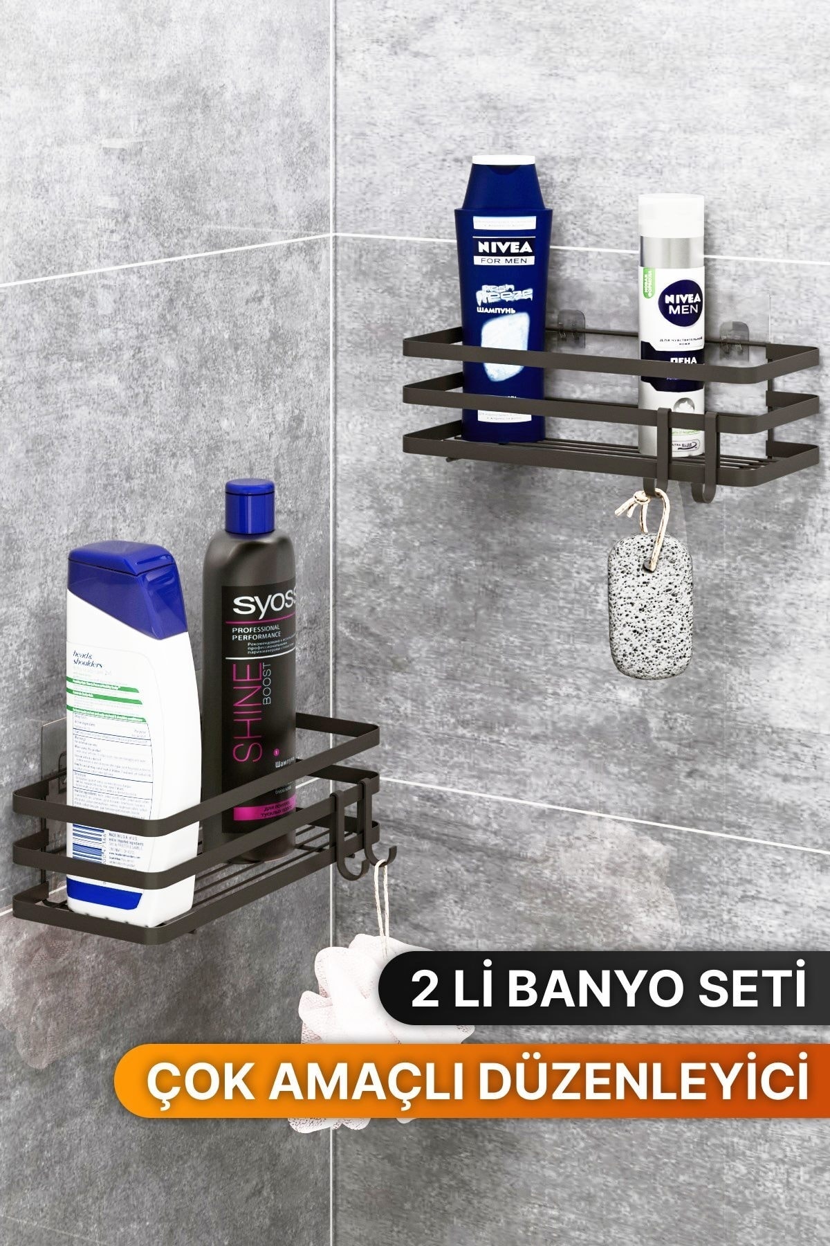 Banyo Düzenleyici Şampuanlık Sabunluk 2 Li Set Lamalı Yapışkanlı 4 Askılı Duş Rafı Organizer