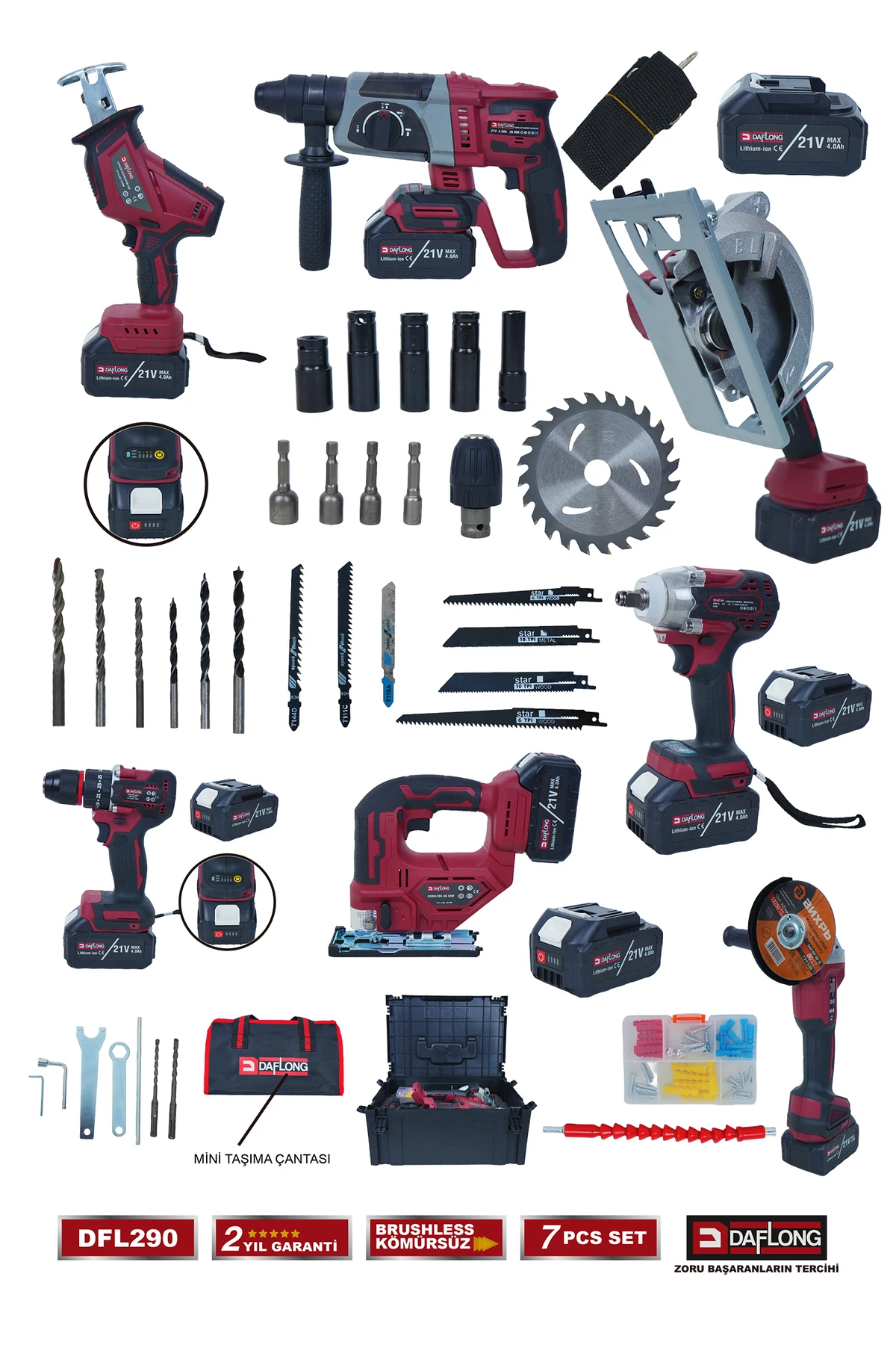 PRO 4 BATARYALI TAŞIMA ÇANTALI 7'Lİ USTA SETİ TİLKİ KUYRUĞU+DEKUPAJ+SUNTA MAKİNASI DFL-290