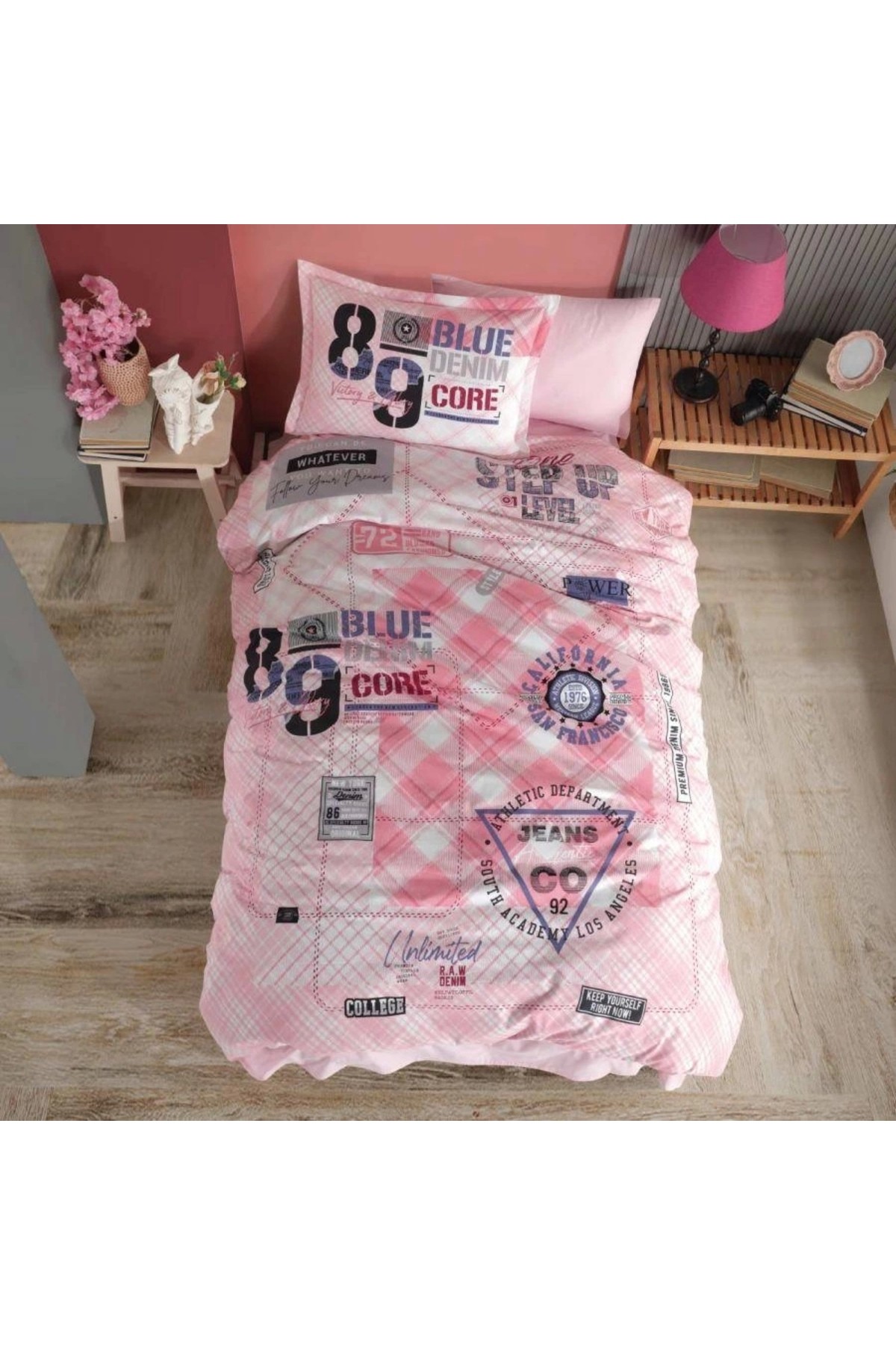 Genç Ranforce Tek Kişilik Nevresim Takımı Denim V1 Pembe