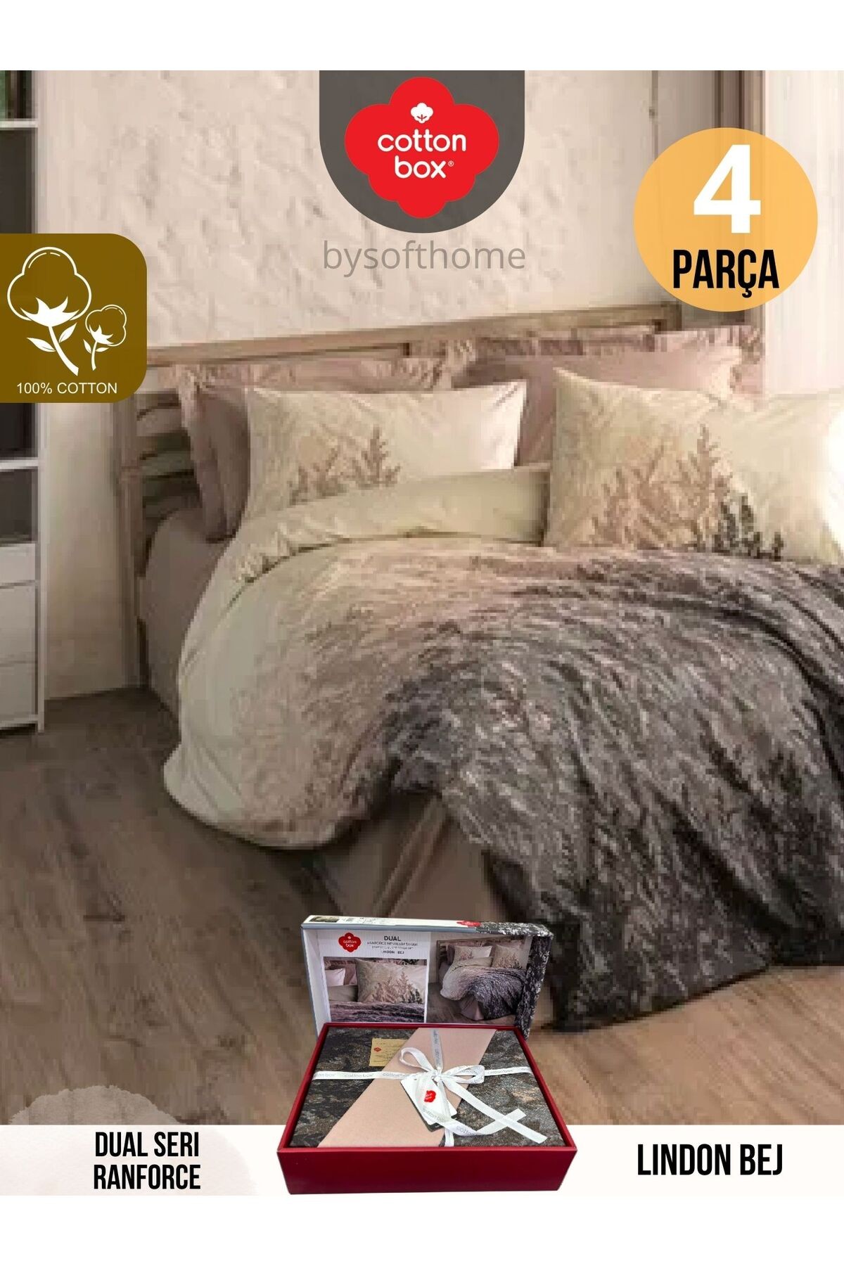 Lindon bej DUAL SERI Ranforce Çift Kişilik Nevresim Takımı %100 Pamuk