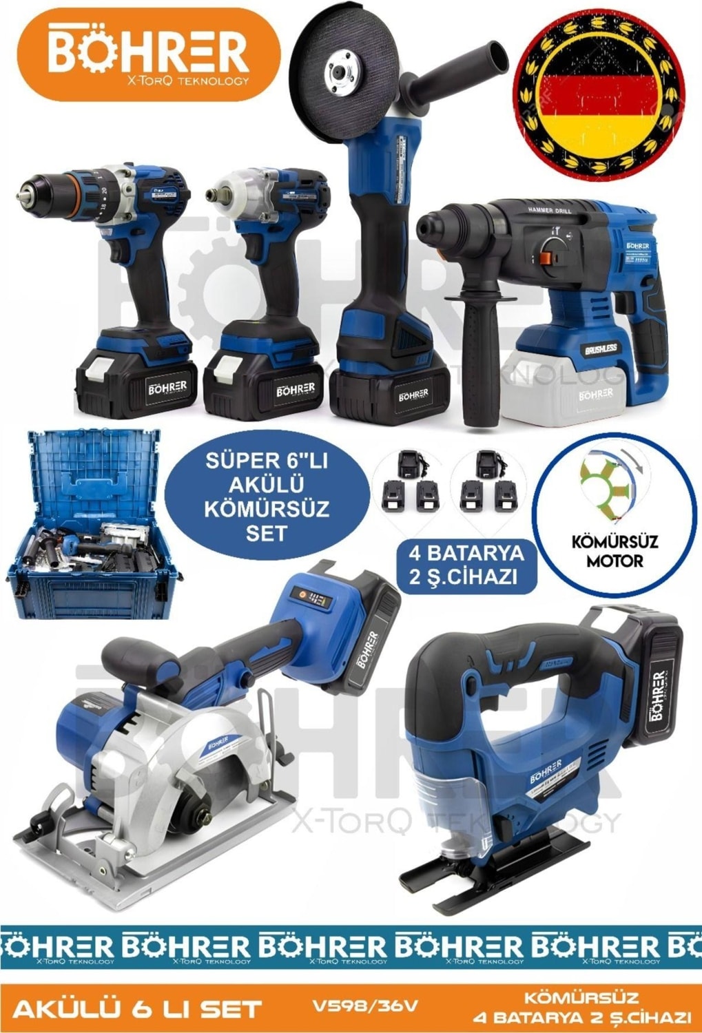 Alman 4 Akülü 2 Şarjlı Kömürsüz V598 5AH Profesyonel 6 Makine Kombo Set ,blue