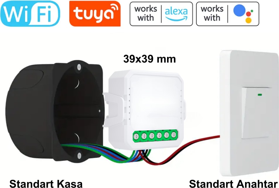 Tuya Uyumlu Tekli Wifi Akıllı Anahtar (10A - 220V Röle) - Tek Çıkışlı, Anahtar Girişli, Google Asistan, Alexa Destekli Switch