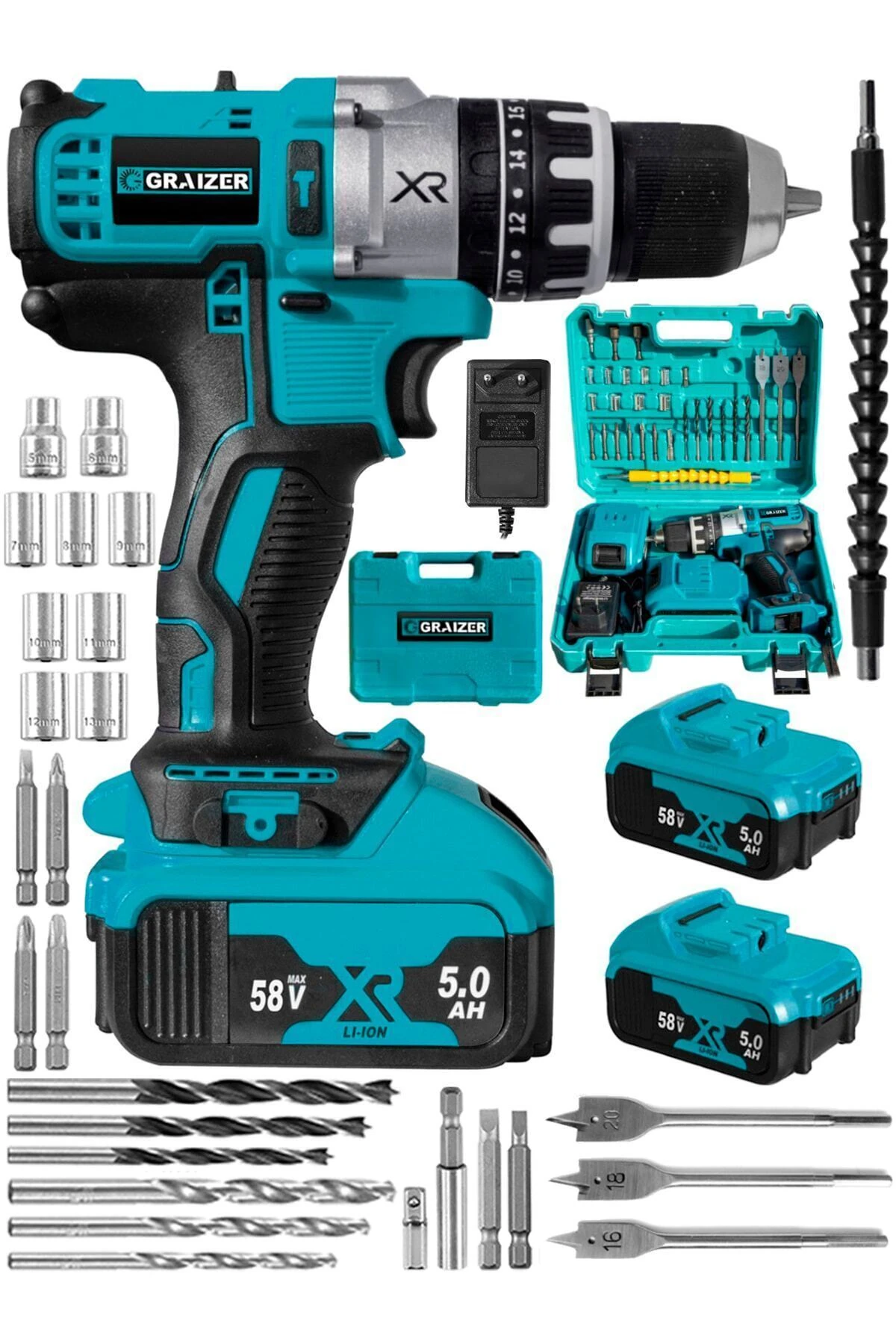 Alman Darbeli Bakir Sargili Çift Akülü Vidalama Çelik Şanzuman Şarjlı Matkap 5 Pilli Akü