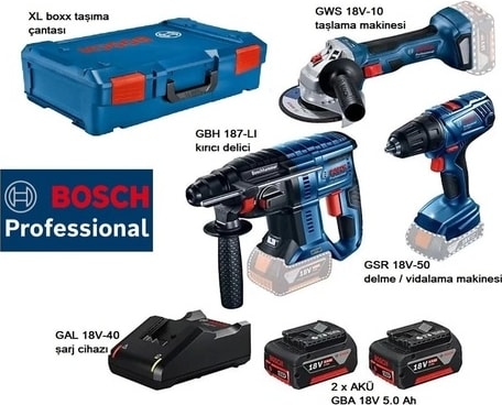 BOSCH Gbh 187-LI + Gws 18V-10 + Gsr 18V-50 2x5,0 Ah Akülü Set