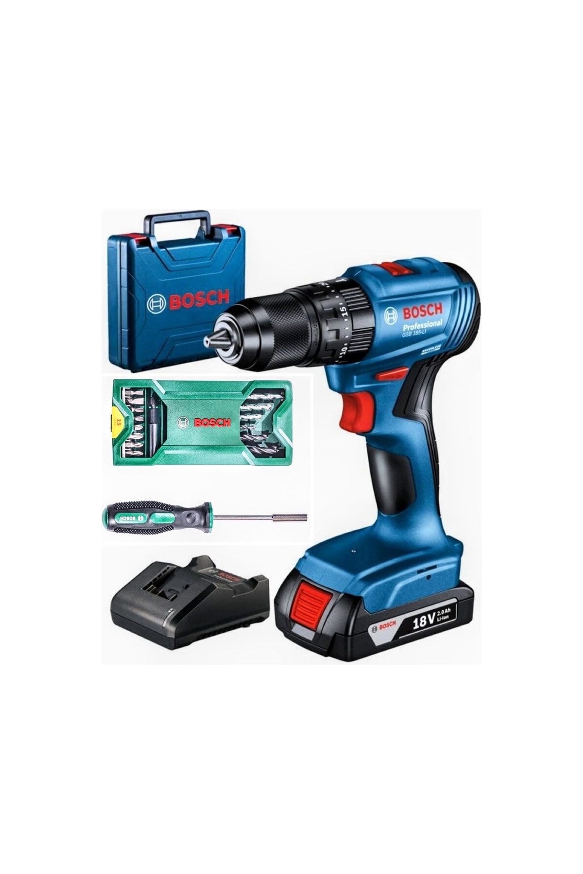 BOSCH Gsb 185 li Tek Akülü Darbeli Kömürsüz Matkap Vidalama ve  16 parça Uç Seti
