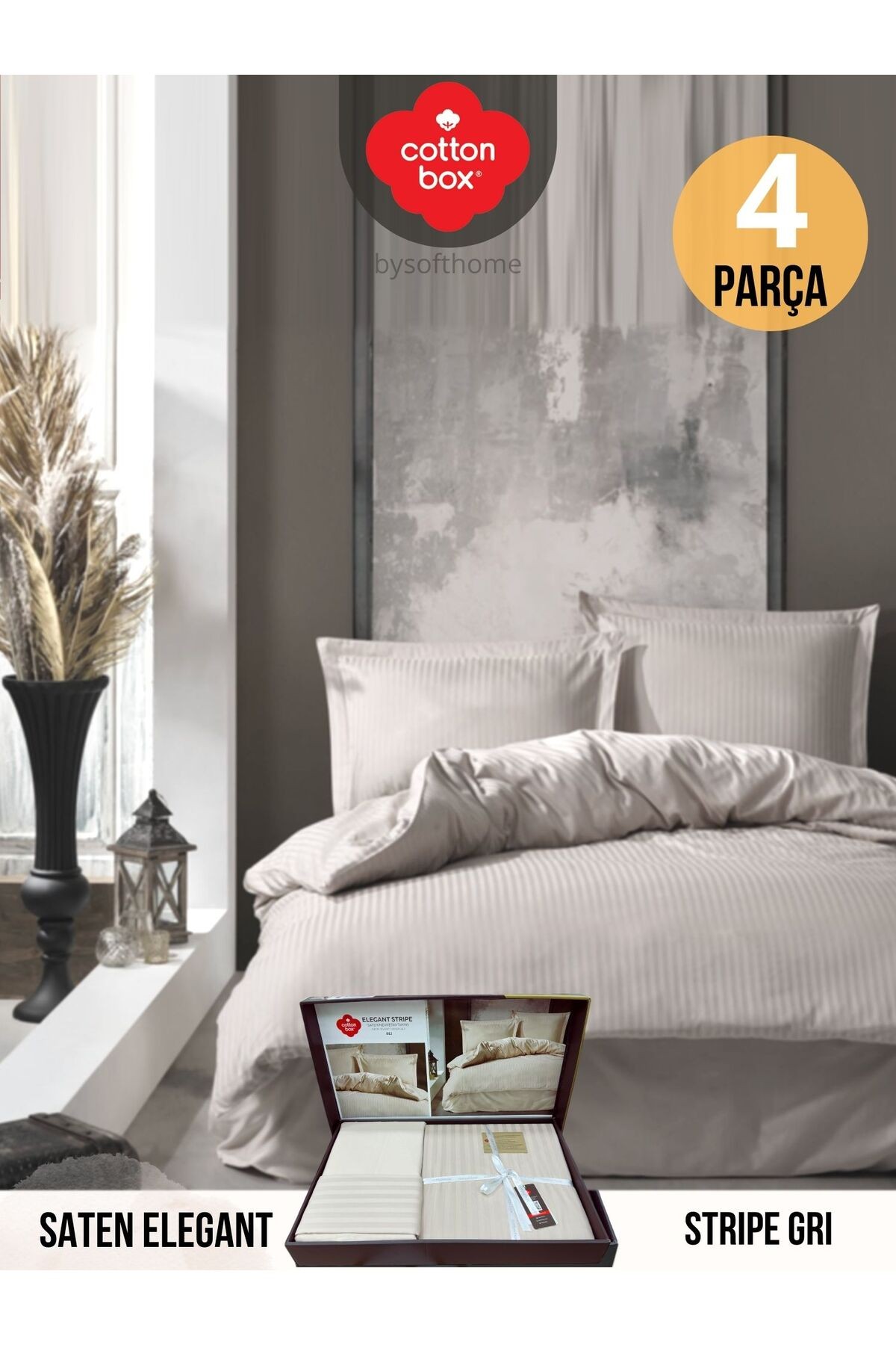 Elegant Stripe Gri Çift Kişilik Pamuk Saten Nevresim Takımı