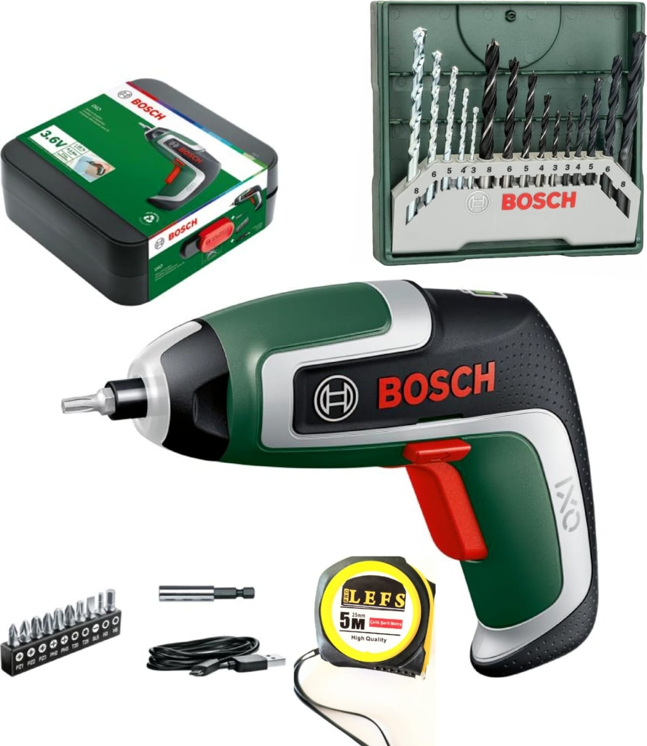 BOSCH Ixo 7 Nesil 3.6 V Akülü Mini Vidalama ,bosch Mini X-Line 15 Parça Karışık Aksesuar Seti ve Metre