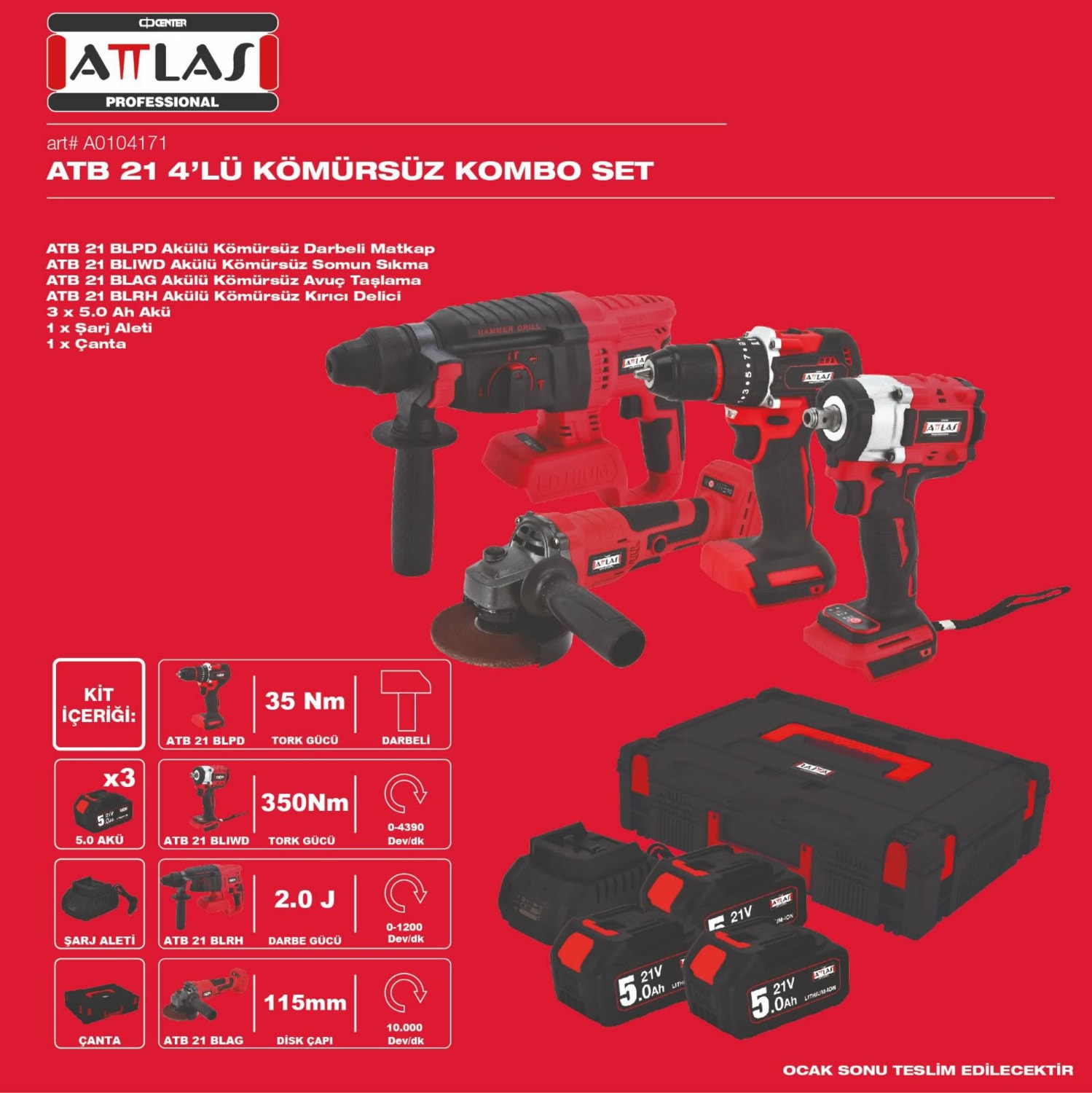 ATB21 4'lü Kömürsüz Motor Kombo Set Darbeli Matkap + Taşlama + Kırıcı Delici + Somun Sıkma 3x5AH - A0104171