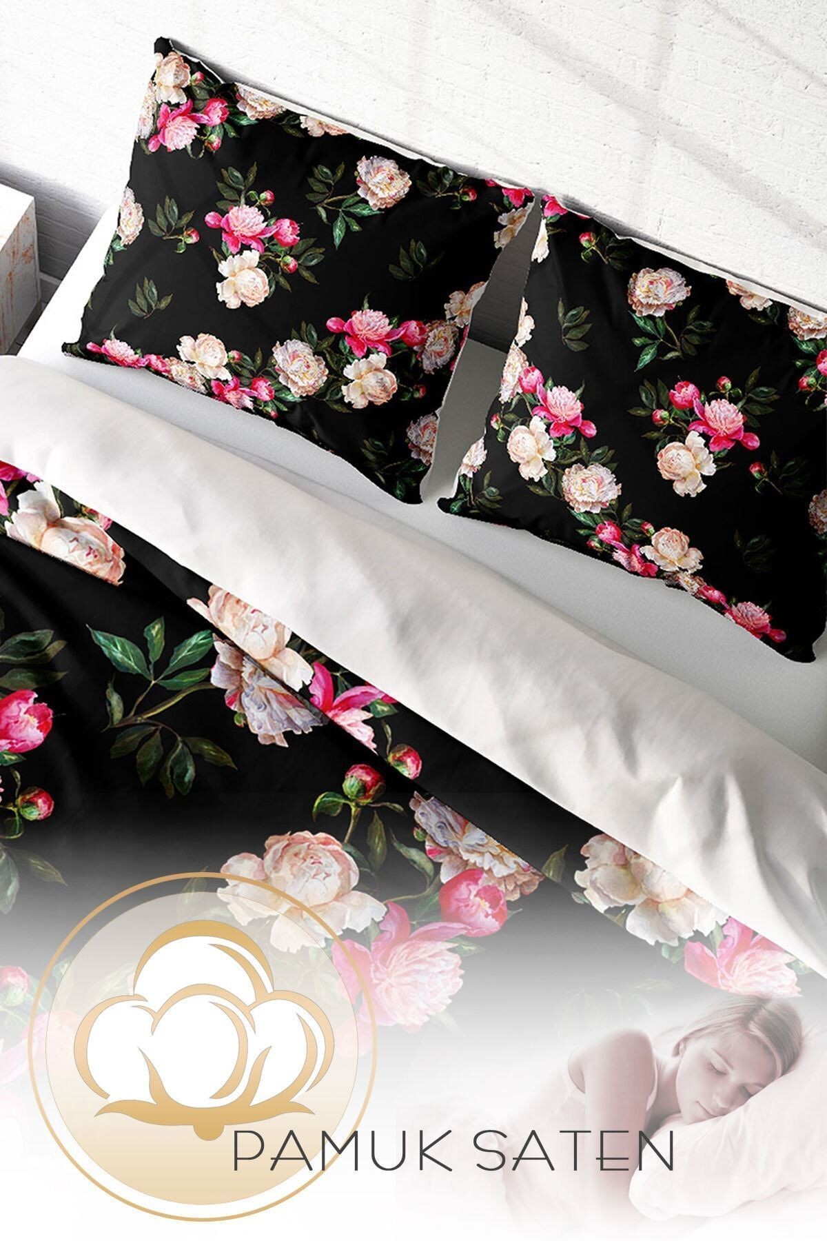 Black Flower Pamuk Saten Çift Kişilik Nevresim Takımı 3d