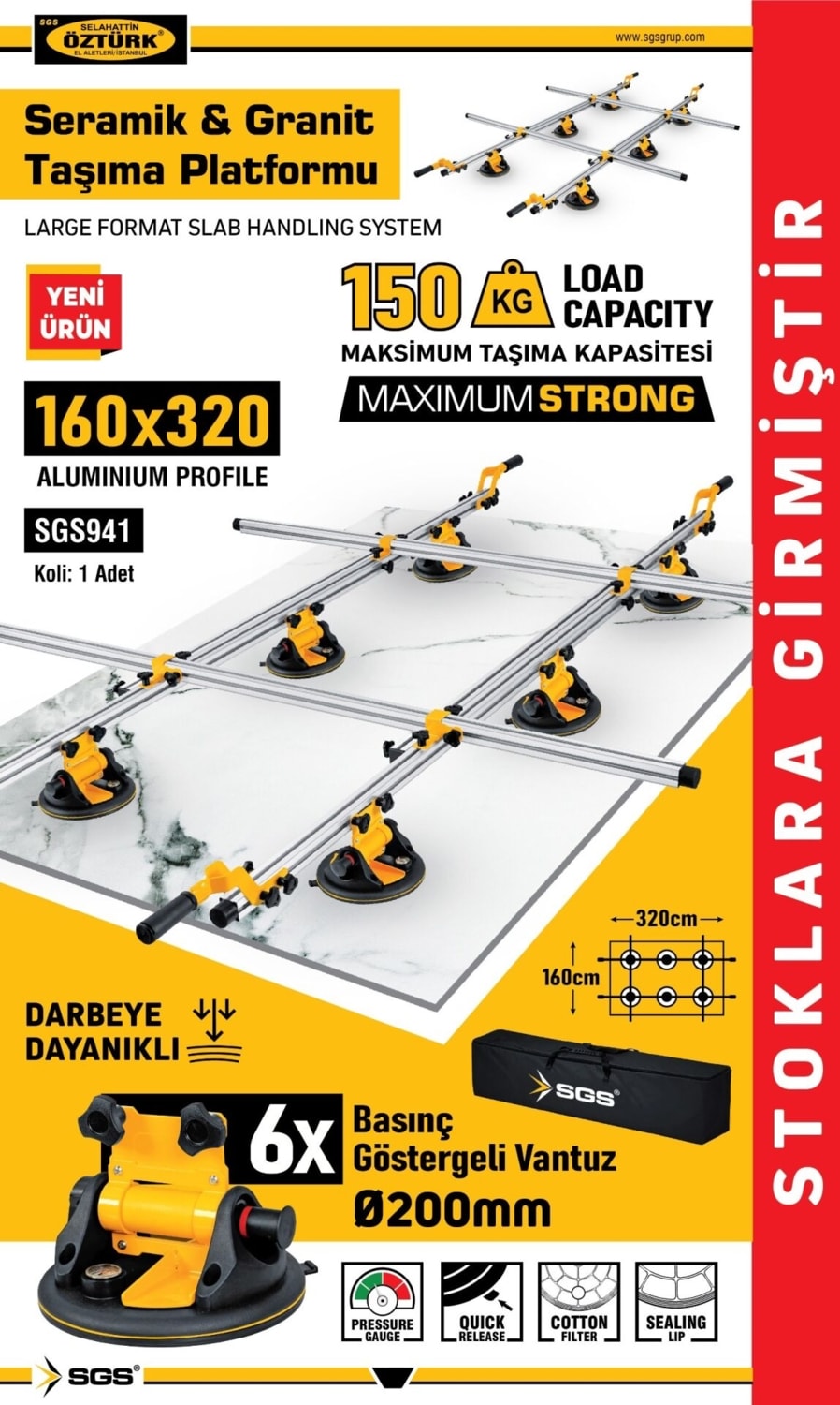 SGS941 - Seramik Granit Fayans Taşıma Vantuzu Platformu 160 x 320 cm