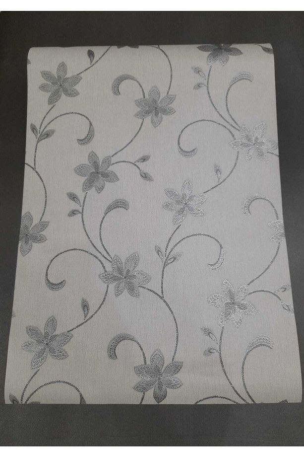 Modern Çiçek Desenli Gri Üzerine Gümüş Detaylı Duvar Kağıdı 5m2