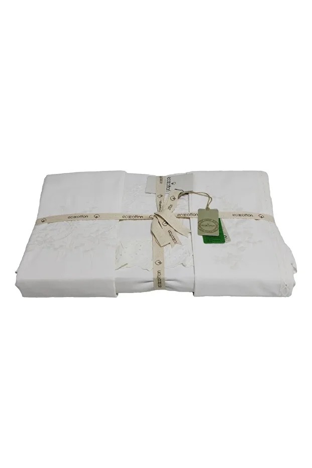 Elsa Çift Kişilik Nevresim Takımı %100 Organik Pamuk Perkal Nakışlı Krem 200x220 Cm