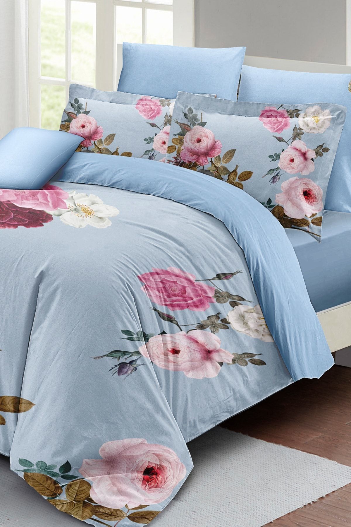 Blue Flower Çift Kişilik Nevresim Takımı 3d Pamuk Saten