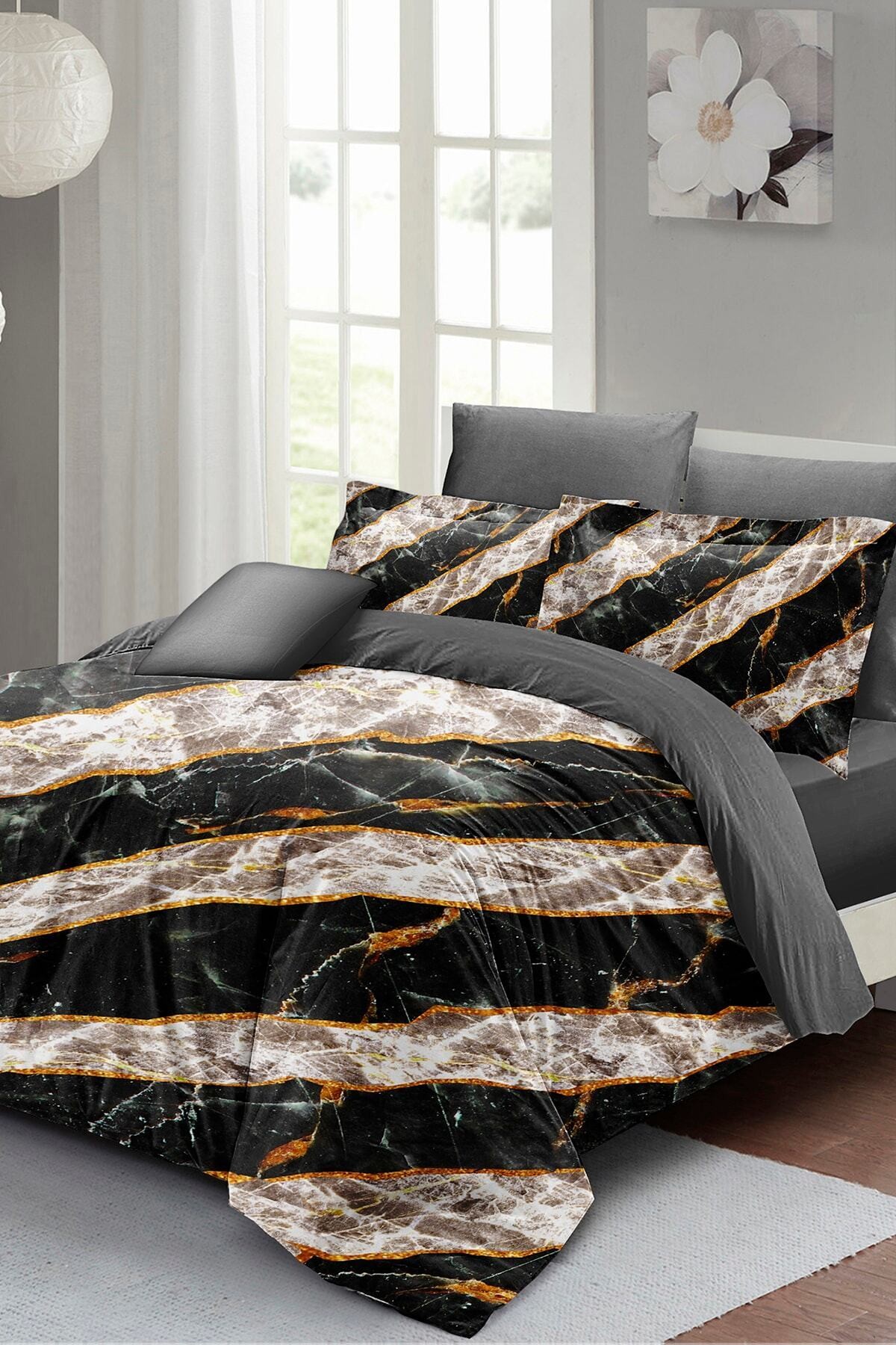 Kıng Sıze Nevresim Takımı Çift Kişilik 3d Pamuk Saten Zebra Marble 220x240cm