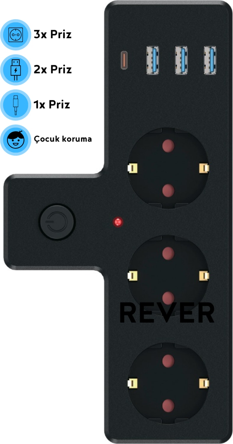 Akım Korumalı 3'lü Priz 3x USB / 1x Type-C / 3x Priz Duvar Tipi Çoğaltıcı