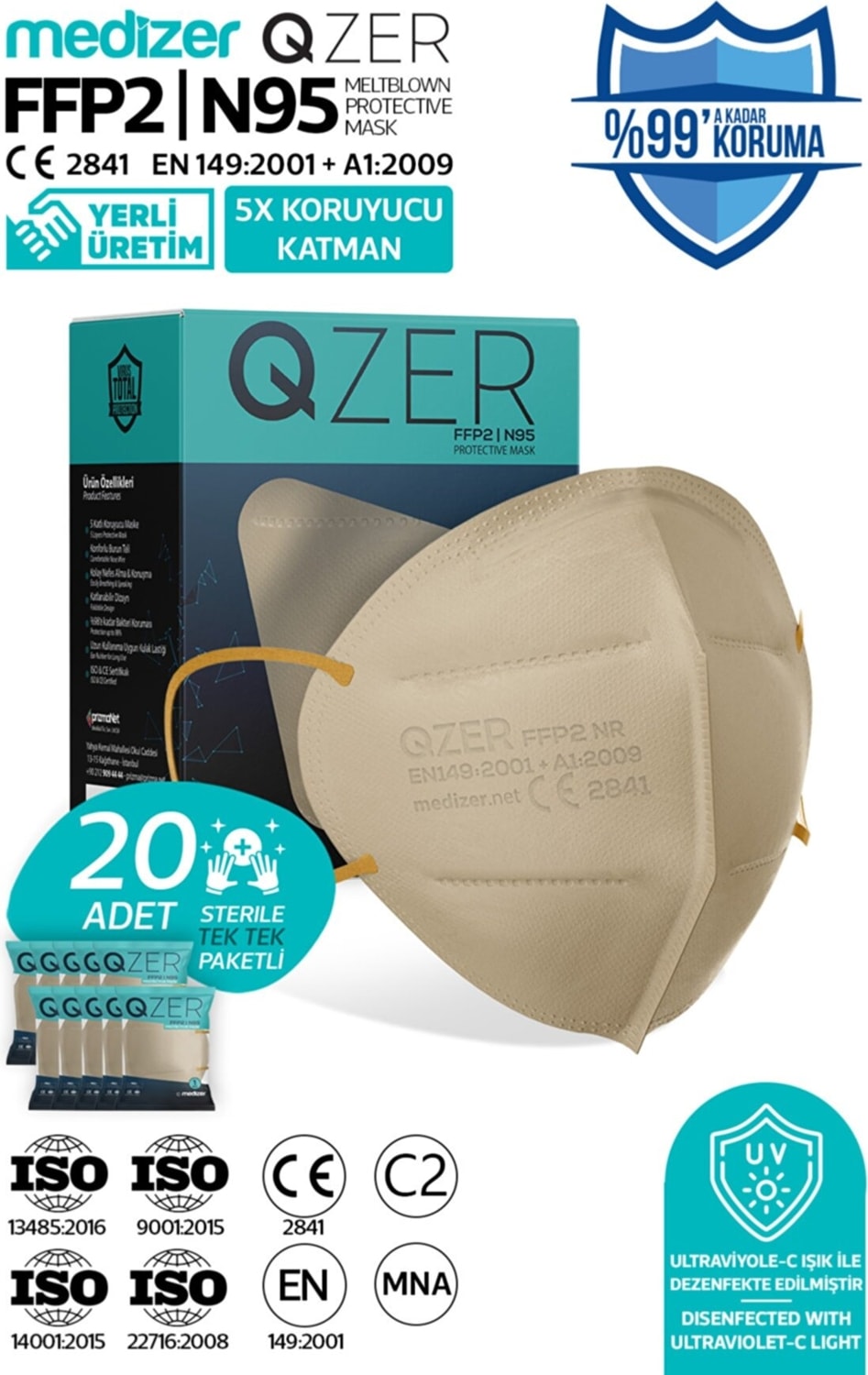 Qzer Krem Renk 5 Katmanlı Ffp2 N95 Maske