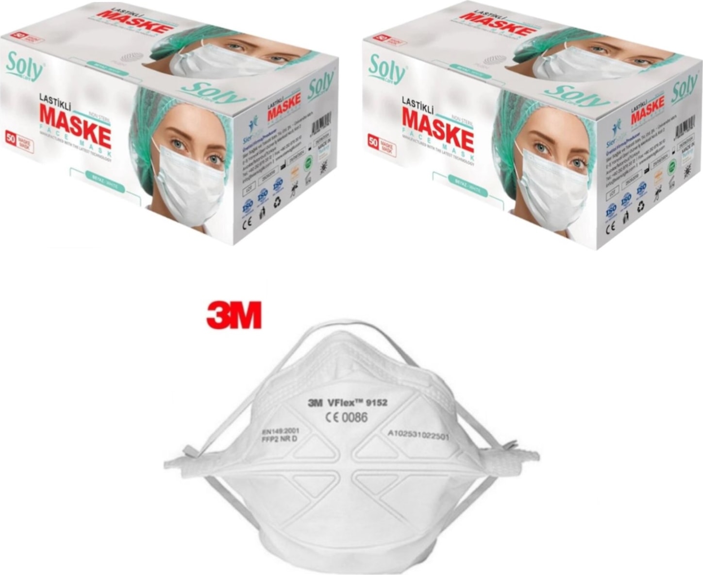 3 Katlı Telli Beyaz Meltblown Maske 100 Adet (2 Kutu) + 3m 9152 Ffp2 Maske 1 Adet