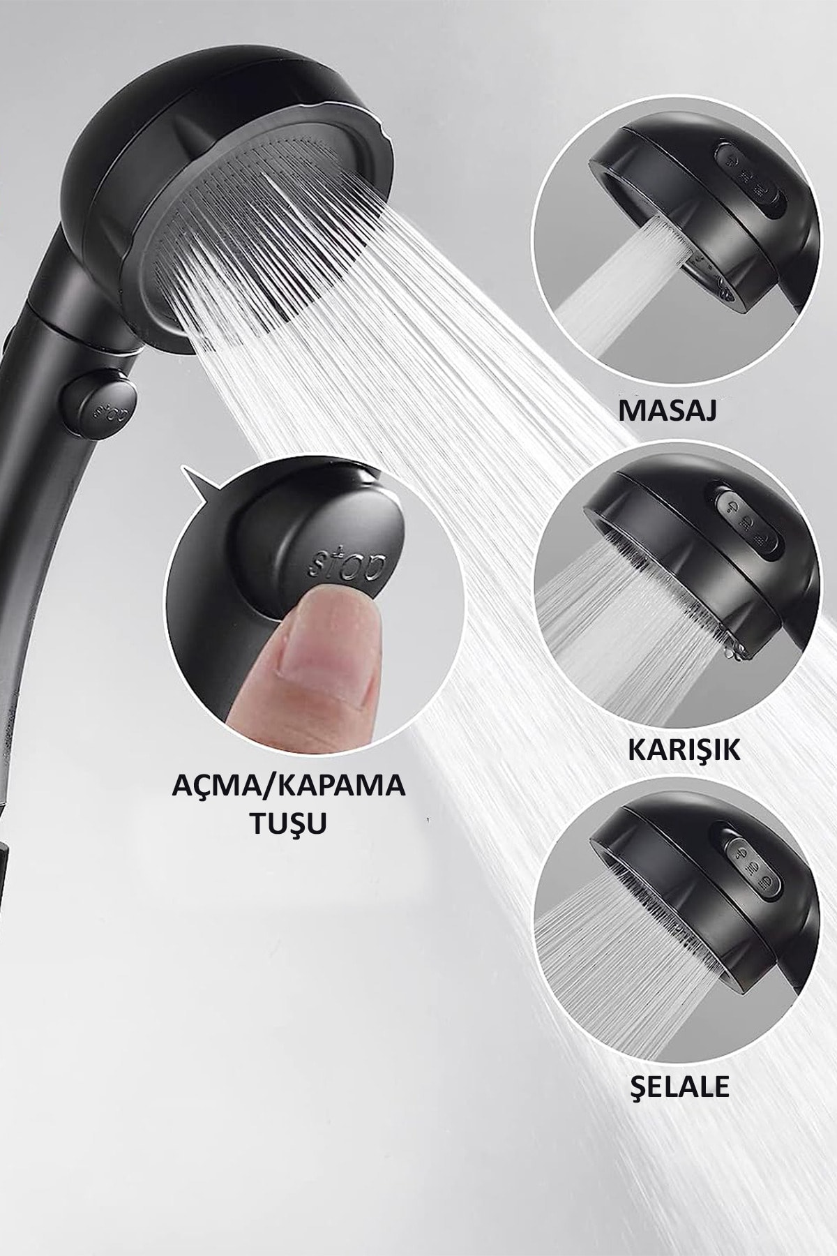 5 Fonksiyonlu Banyo Duş Seti Turbo Pervaneli Tasarruflu Duş Başlığı, Duş Hortumu 150 Cm Ve Mafsal