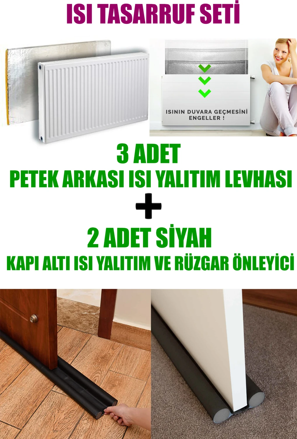 Ankaflex 3 Adet Kalorifer Peteği Arkası Isı Yalıtım Levhası ve 2 Adet Kapı Altı Rüzgar ve Ses Önleyici