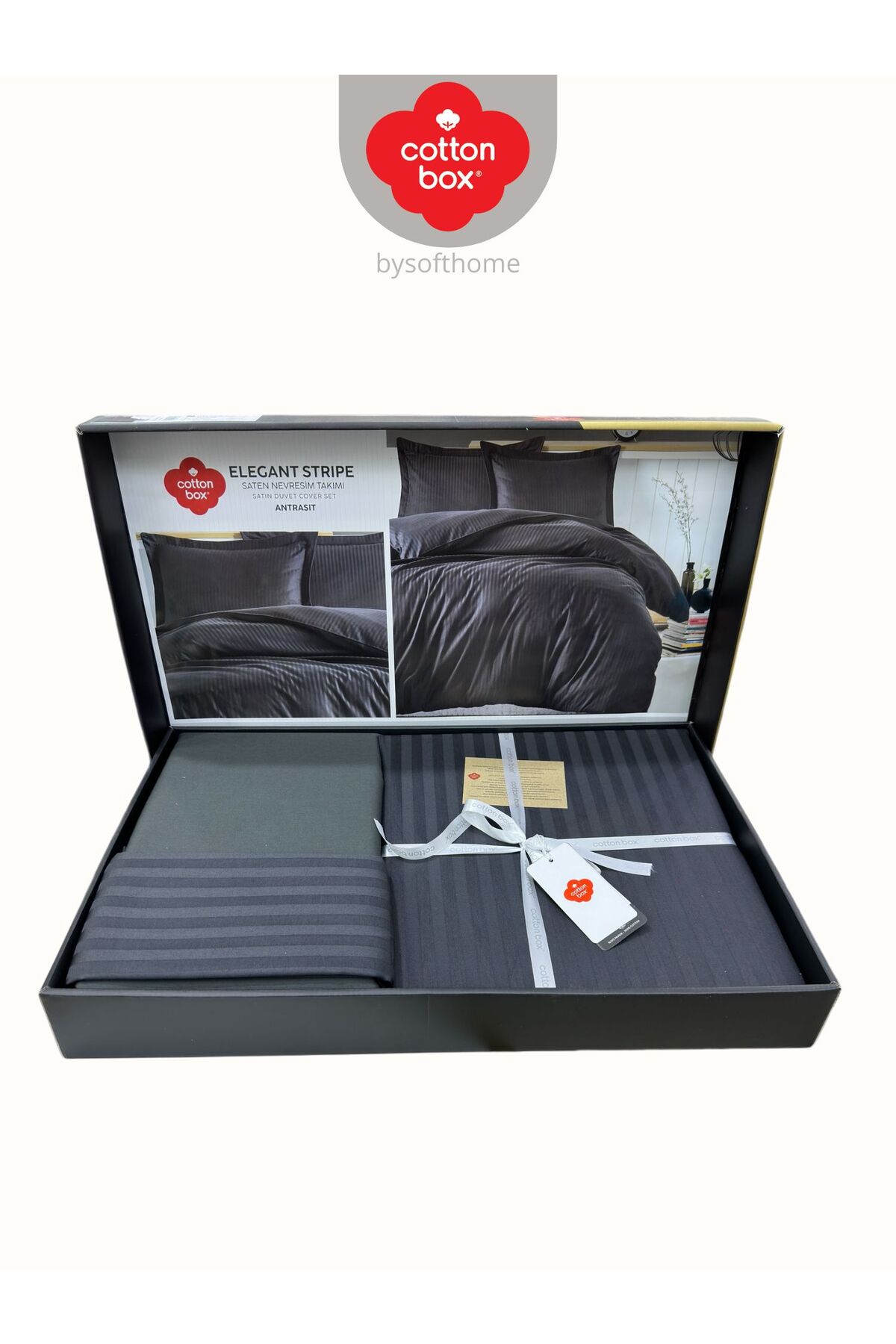 Elegant Stripe Antrasit Çift Kişilik Pamuk Saten Nevresim Takımı