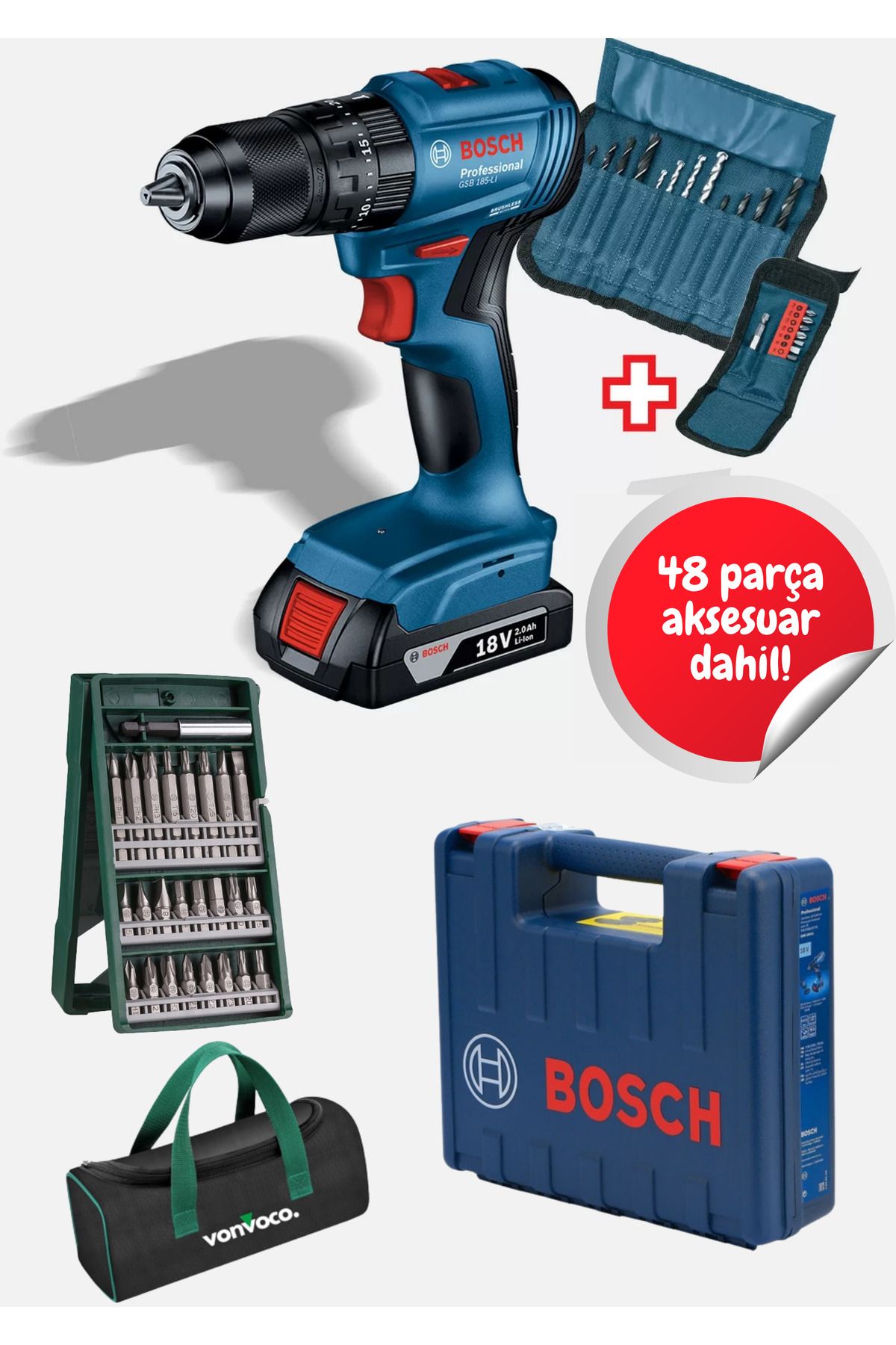 BOSCH Gsr 185 Li Tek Akülü Kömürsüz Matkap Vidalama Profesyonel Darbeli Şarjlı Matkap Mavi