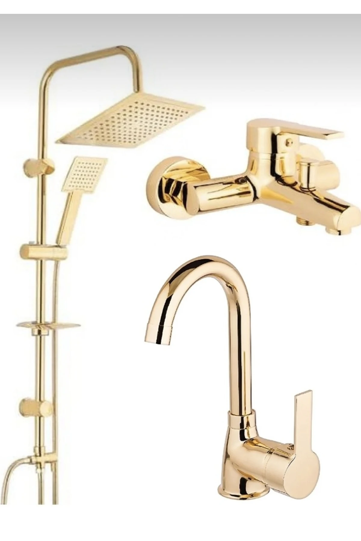 KCA GOLD ALTIN KARE ROBOT DUŞ SETİ, LAVABO VE BANYO BATARYASI MUSLUĞU ÇEŞMESİ 3’LÜ SET