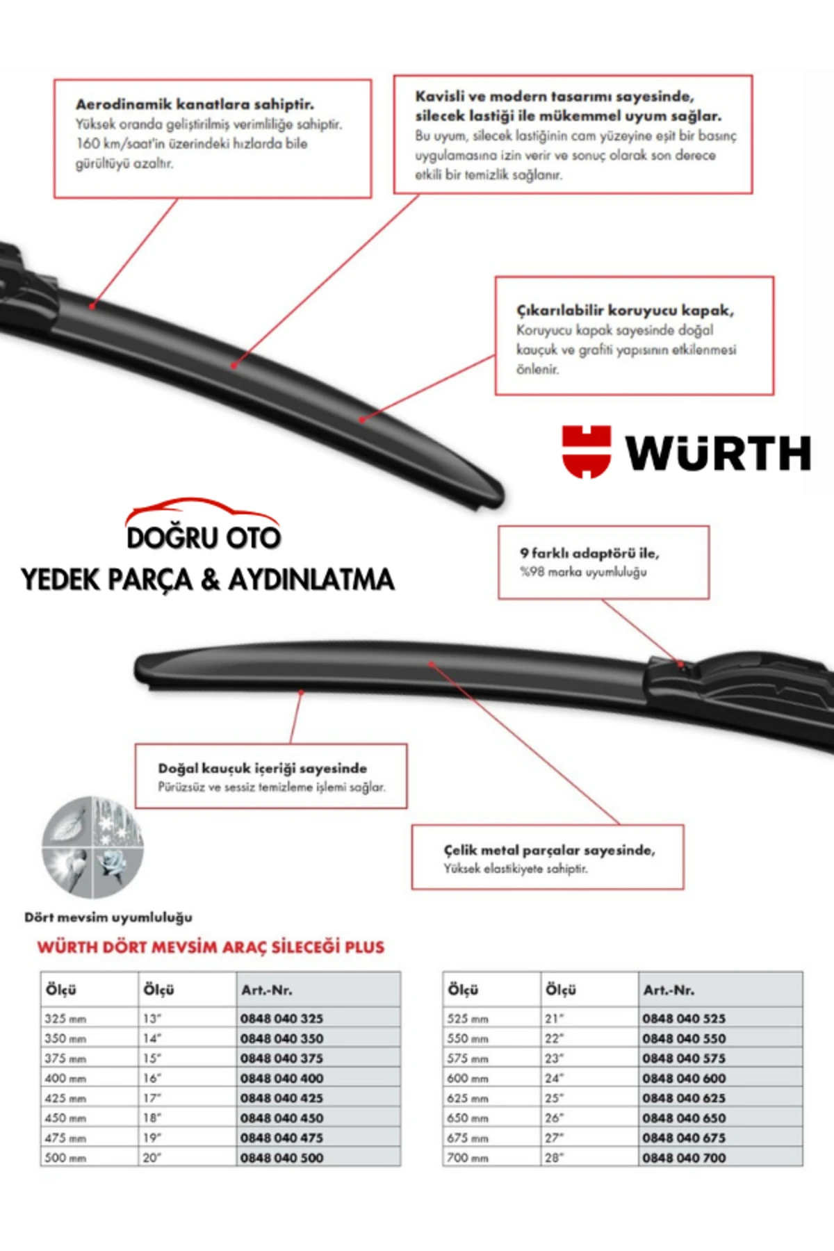 1 Adet Dört Mevsim Araç Cam Silecek - 600mm 24" DOĞRU OTO