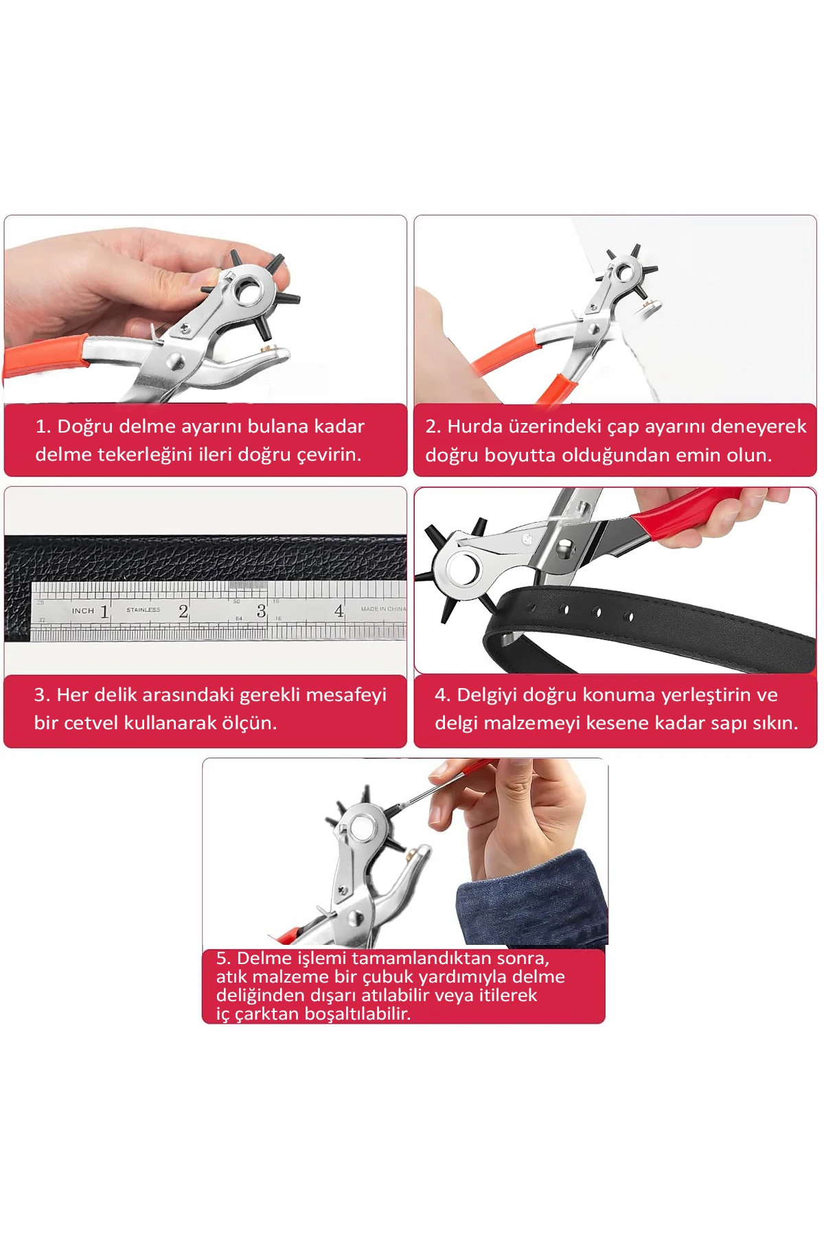 Profesyonel Kolay Kemer Deri Delik Açma Delme Aleti 6 Farklı Delik Açma Delici Pensesi Aparatı