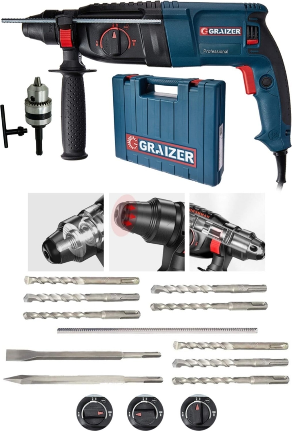 Alman 3000 Watt Kırıcı Delici Hilti Matkap Metal Şanzumanlı ++ 10 Adet Uç ++Yedek Mandren
