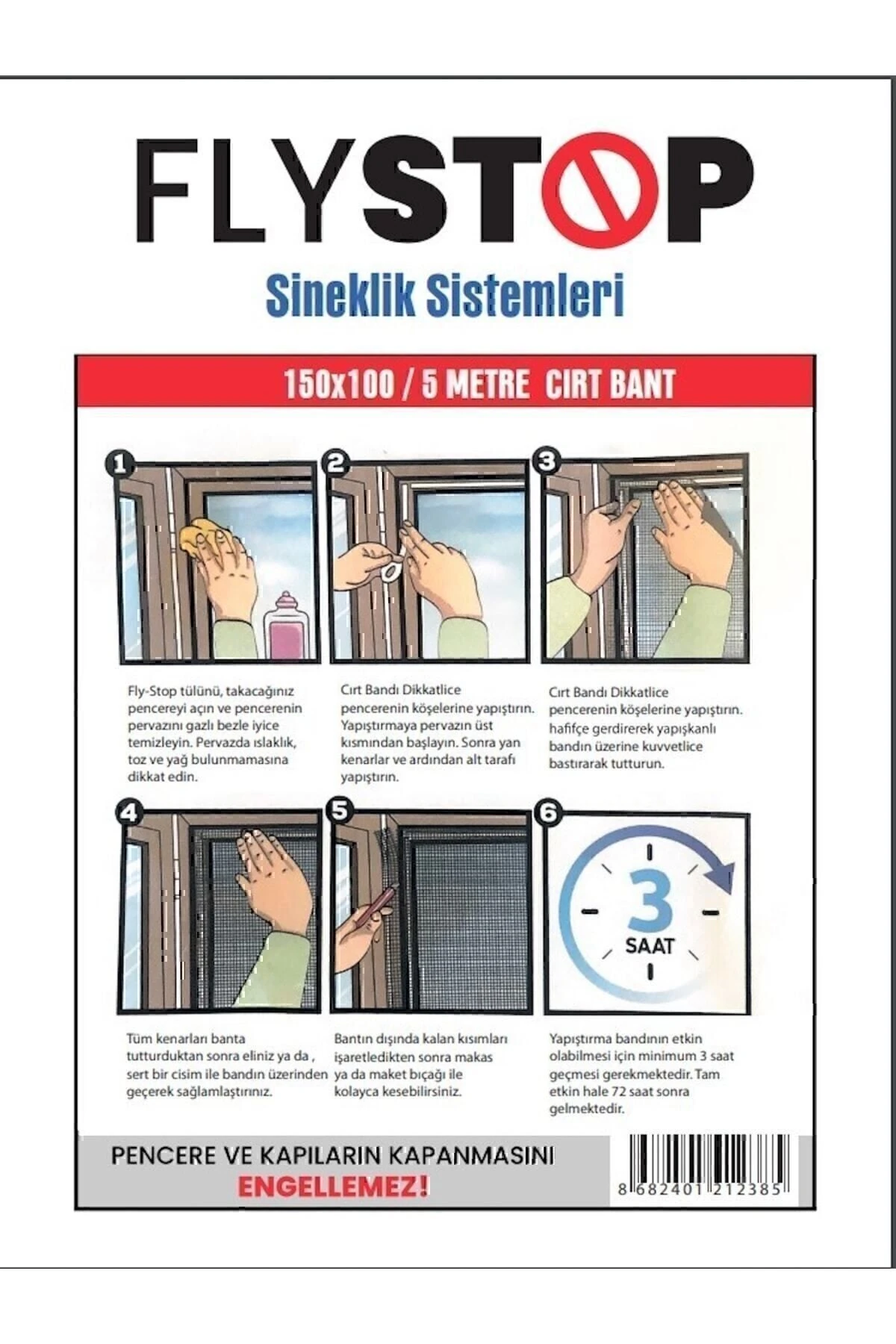 Pencere Sineklik Sinek Tülü Böcek Tutucu 150x100 Cm 5 Metre Cırt Bant