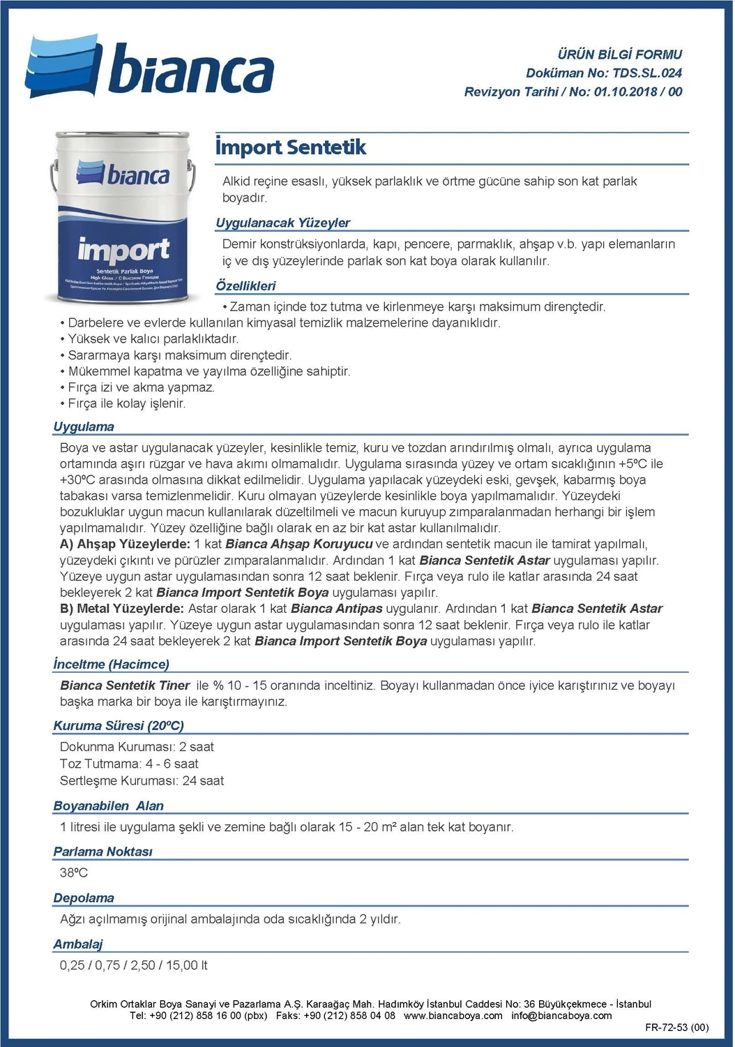 Sentetik Yağlı Boya 1 kg 0.75 lt