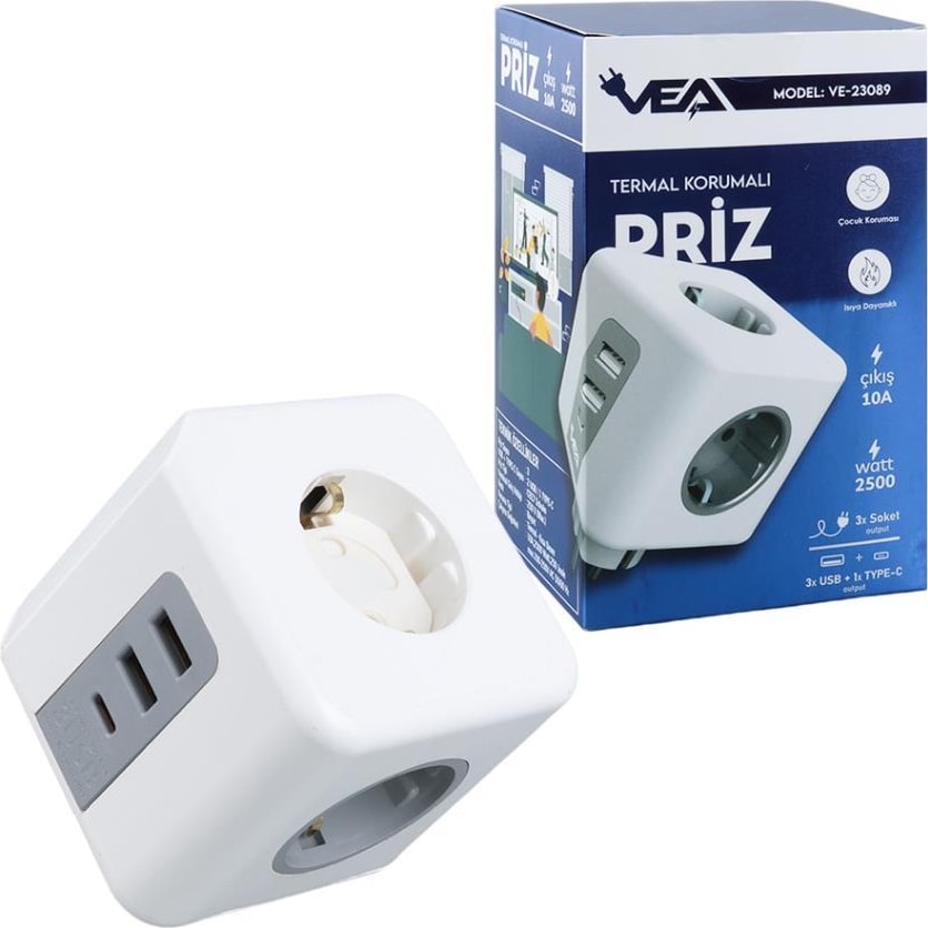 VE-23089 3 Soketli 2xusb+Type-C Çocuk ve Termal Korumalı Priz