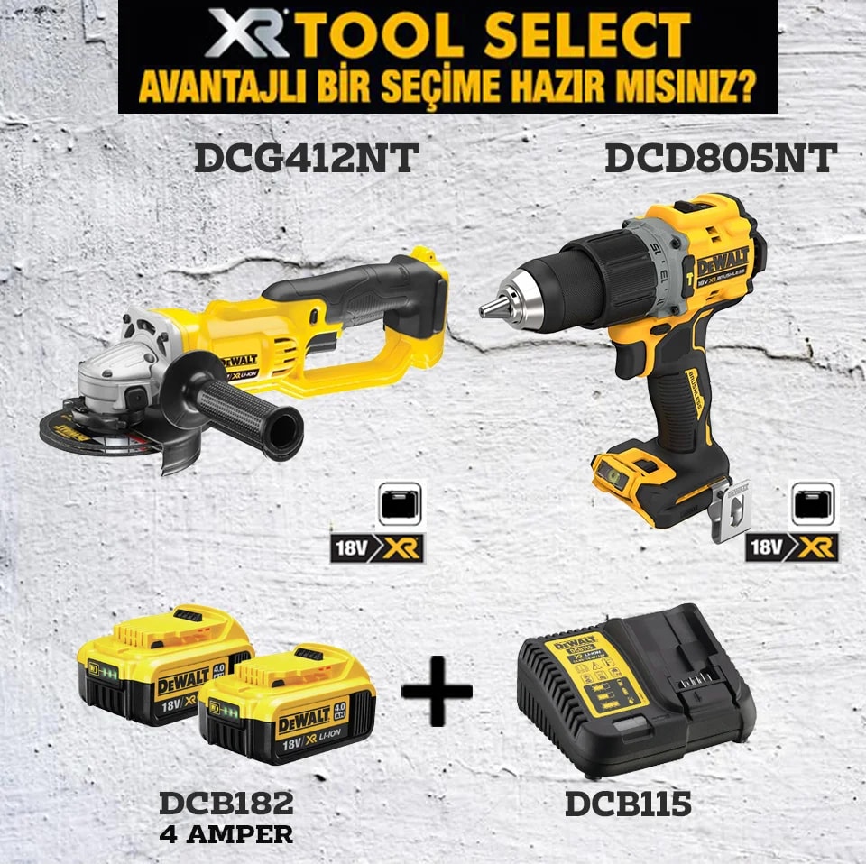DCD805NT Darbeli VIDALAMA+DCG412NT Avuç Içi Taşlama Makinası+2x 4AH Akü+Şarj Cihazı