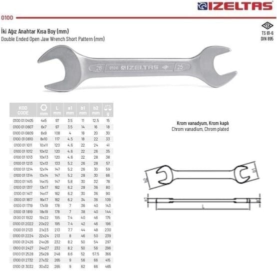 Izeltaş Iki Ağız Anahtar Kısa Boy 14X15 mm