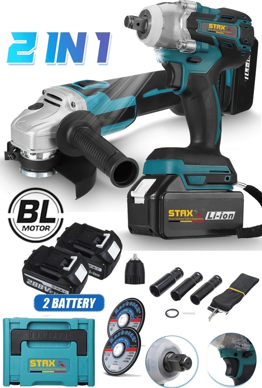 Çantalı 2li Süperturbo Bl Motor Şarjlı Taşlama Spiral Şarjlı Somun Sıkma Sökme Setli 58VF 2000AH