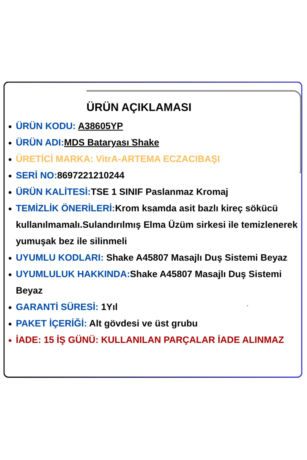 A38605YP MDS Bataryası Shake (A45807 Masajlı Duş Sistemi Beyaz)