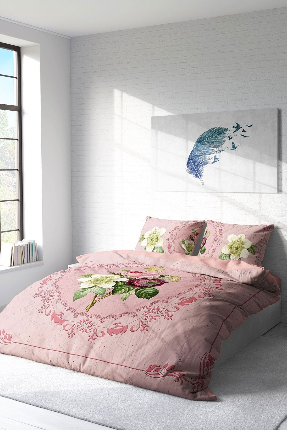 Lastikli Çarşaflı %100 Pamuk Saten Çift Kişilik Nevresim Takımı Damask Rose