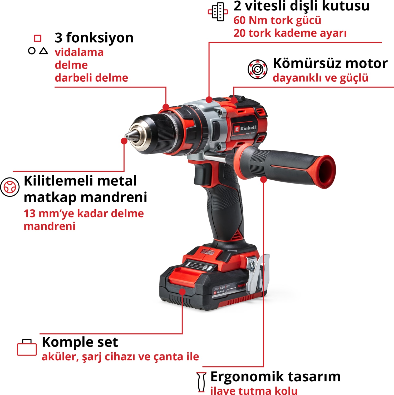 EİNHELL TE-CD 18 Li-i Kömürsüz Power X-Change Akülü Darbeli Vidalama (darbe fonksiyonlu, Li-Ion, 18 V, 2 hız, 60 Nm, LED ışık, çanta, 2x 2,0 Ah akü ve şarj cihazı dahildir) - 4513861