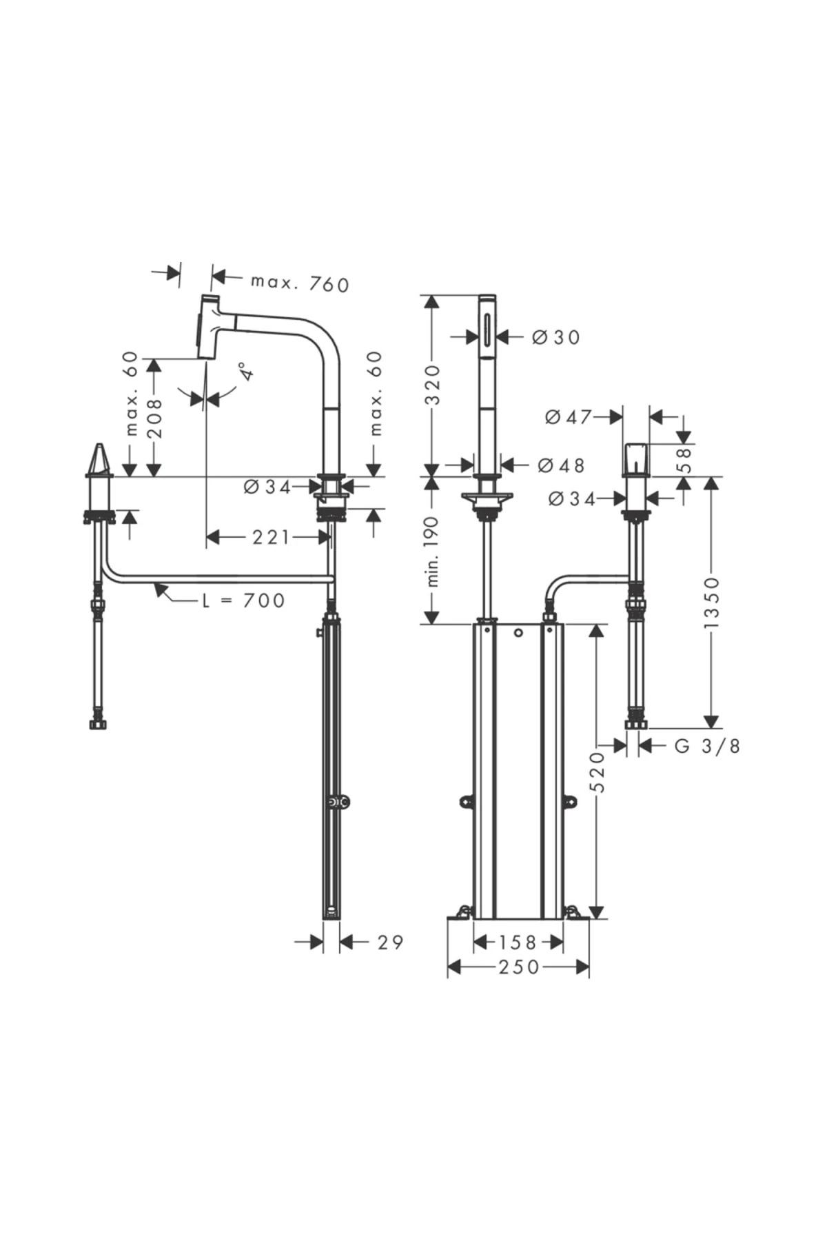 Metris Select M71 2 - Delikli Tek Kollu Eviye Bataryası 200, Çekilebilir El Duşu, 2jet, Sb