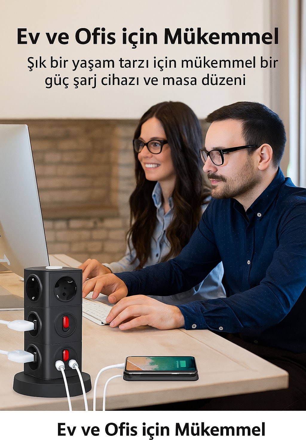 Akım Korumalı 12 Prizli Çoklu Uzatma Kablosu - 3 USB Girişli, Anahtarlı, Kule Tipi, 2 Metre Wireless Kablosuz Şarj