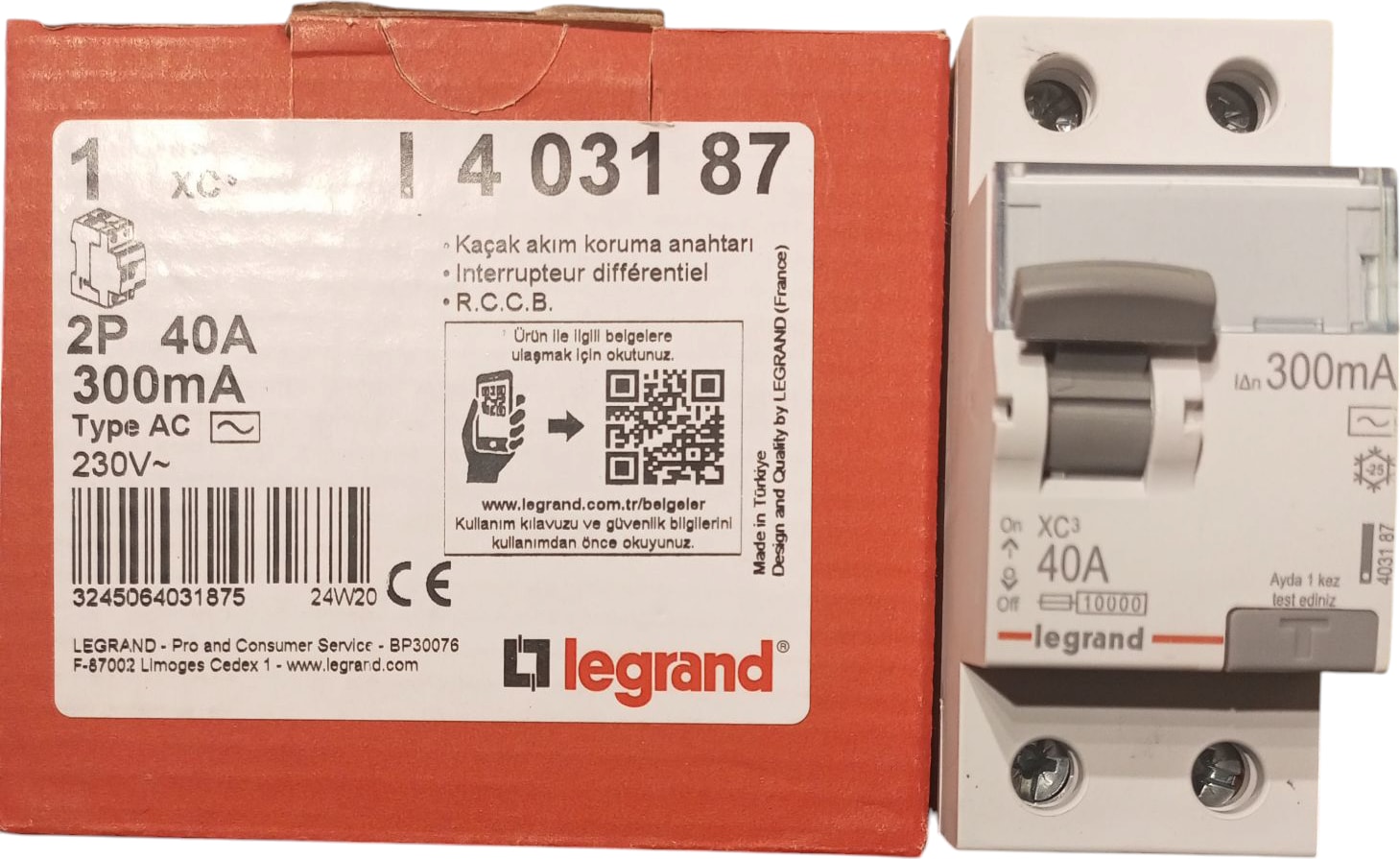 Yangın korumalı Kaçak akım anahtarı 2P 40A 300mA AC tipi 230V~