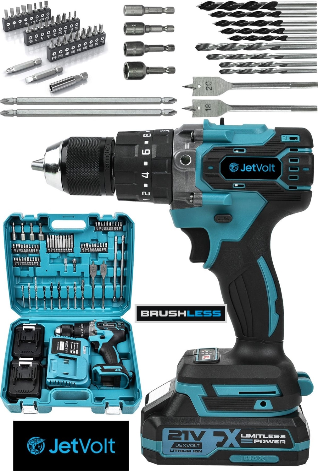 21V 2.0AH Kömürsüz Motor Çelik Mandren Darbeli Şarjlı Matkap Akülü Vidalama - Mavi